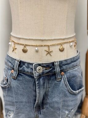 Layered Waist Chain Pearl Gold Starfish Shell Beach Belly Chain